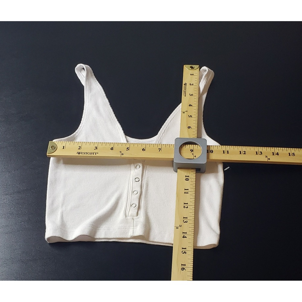 Joah Brown White Ribbed Snap Front V-Neck Crop Tank Top Size S/M Summer Beachy - Picture 7 of 9